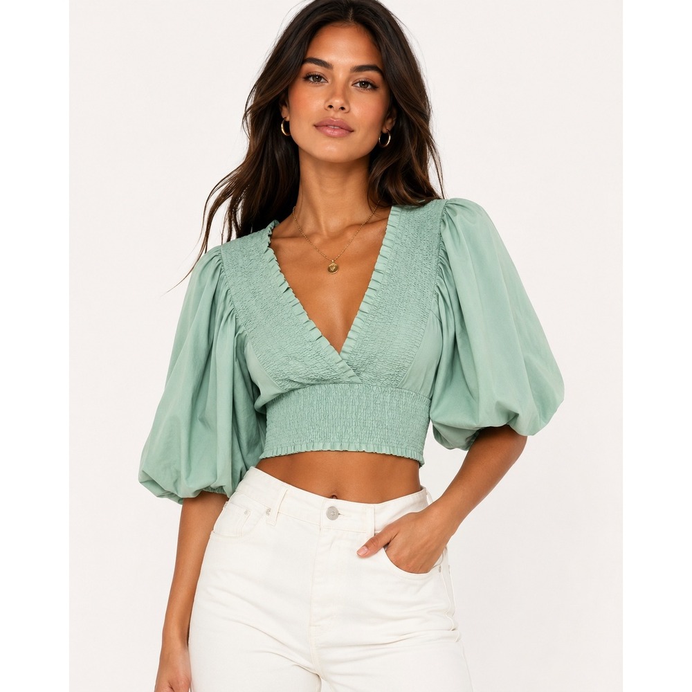 Princess Polly Sage Green Smocked Puff Sleeve V-Neck Crop Top S